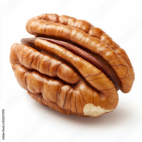 Single pecan nut, shelled, showing inner kernel and texture against white background. photo