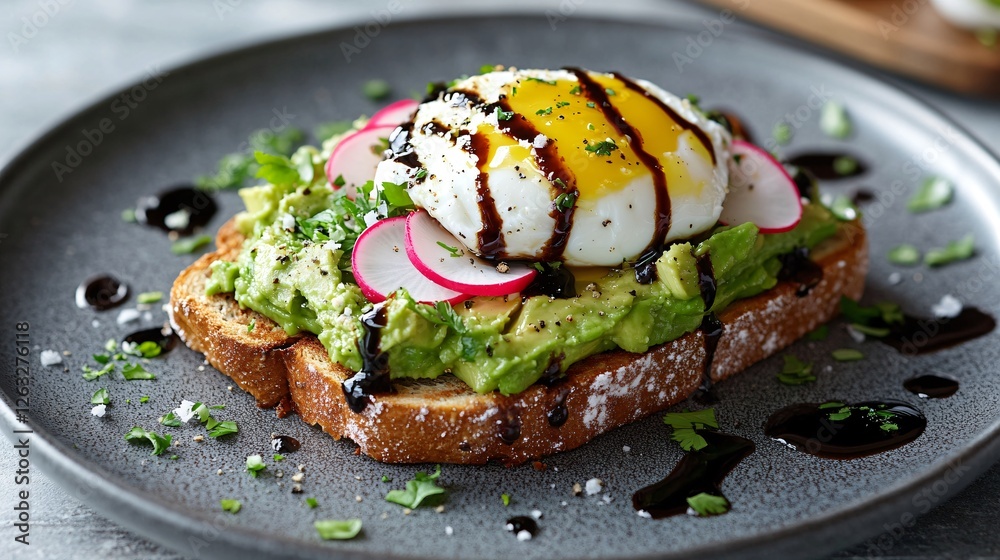 A chef’s plating of avocado toast with radish and poached egg, drizzled with balsamic glaze, placed on a matte slate gray ceramic plate A chef’s plating of avocado toast with radish and poached egg, drizzled with balsamic glaze, placed on a matte slate gray ceramic plate