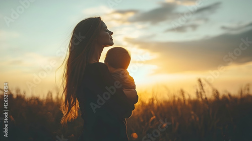 Mother holding baby, sunset field, peaceful moment, family love, stock photo