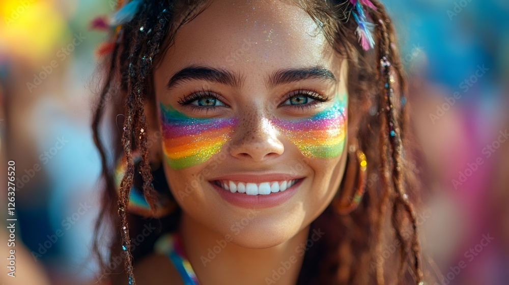 Obraz premium Young woman smiling with rainbow glitter makeup at pride parade