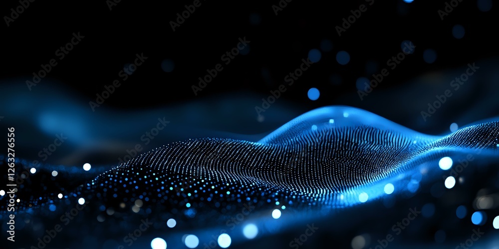 Abstract digital wave of glowing particles on dark background with blue light effects and bokeh, flowing dynamic technology visualization. Abstract digital wave of glowing particles on dark background with blue light effects and bokeh, flowing dynamic technology visualization.