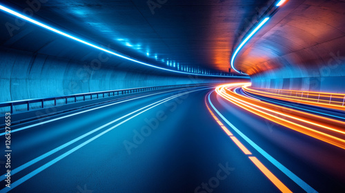 Long exposure of neon lit tunnel with blue and orange light trails showing futuristic technology transportation motion