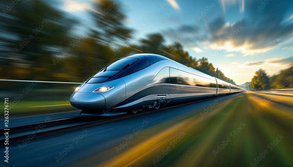 Obraz premium High-speed train in sharp focus with motion-blurred landscape, emphasizing speed.