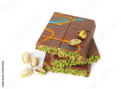 Canvas Print Pieces of Dubai chocolate bars and pistachios isolated on white