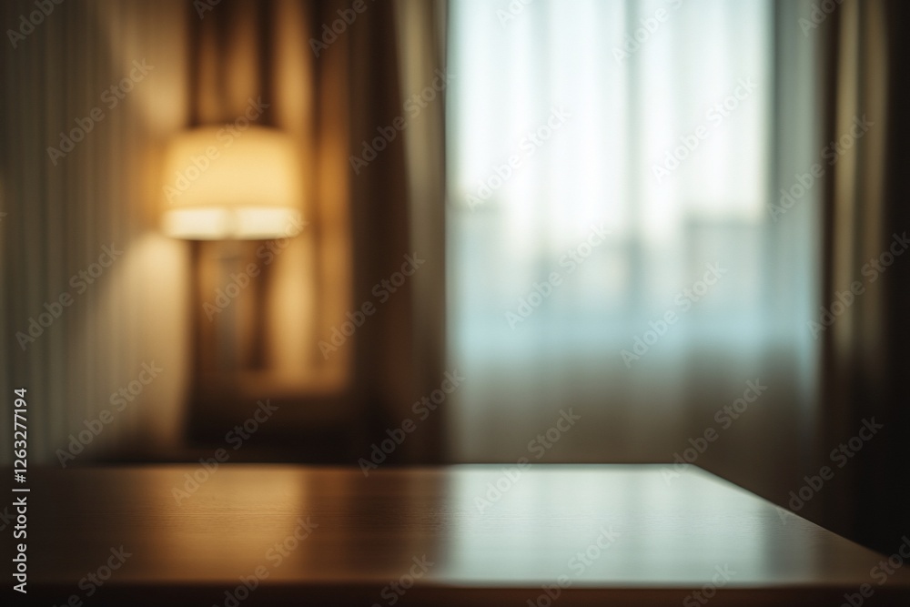 Fototapeta premium Empty wooden table in dimly lit room with window and lamp.