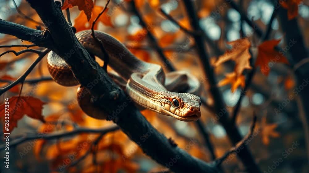Close-up of a snake moving on a branch against a blurred  autumn background