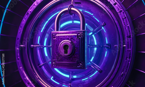 Futuristic 3D Metallic Lock Icon on Neon Cyber Grid with Glowing Blue and Purple Lights  for Cybersecurity and Tech Background photo