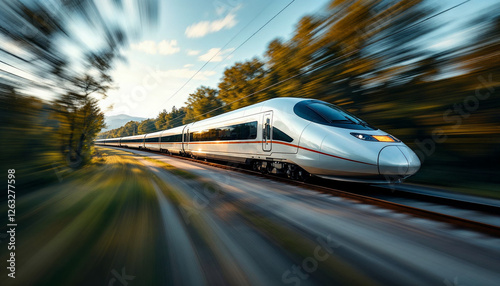 High-speed train in sharp focus with motion-blurred landscape, emphasizing speed. photo