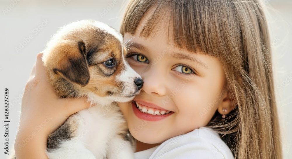 Caucasian child girl smiling with puppy close-up portrait Caucasian child girl smiling with puppy close-up portrait
