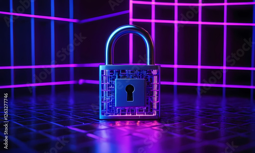 Futuristic 3D Metallic Lock Icon on Neon Cyber Grid with Glowing Blue and Purple Lights  for Cybersecurity and Tech Background photo