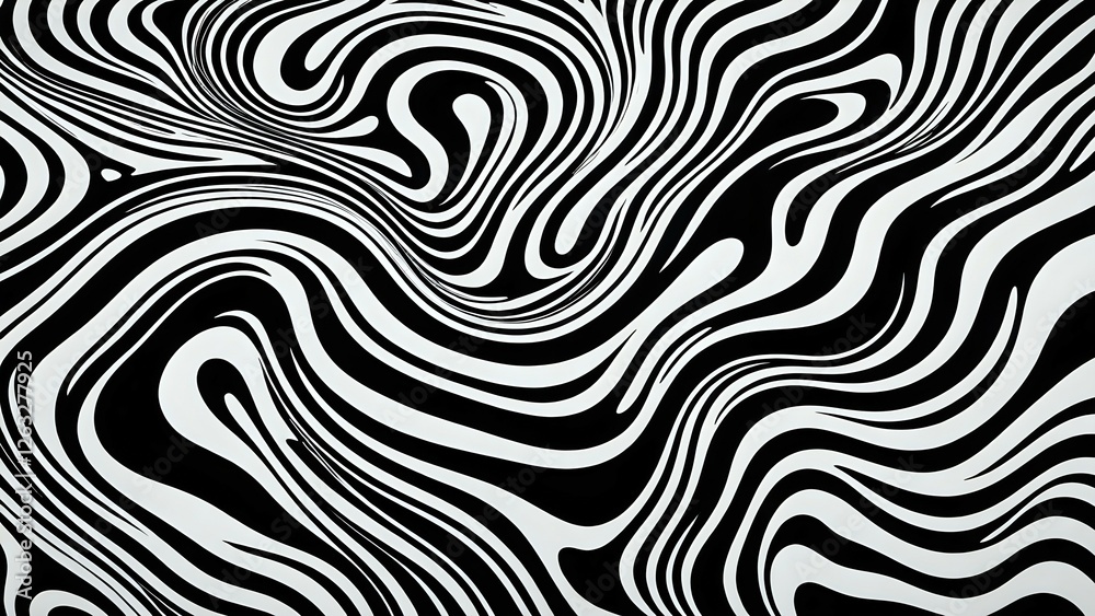 Black and white liquid swirls in a hypnotic, wavy pattern, creating a playful optical illusion effect perfect for tricking the eye