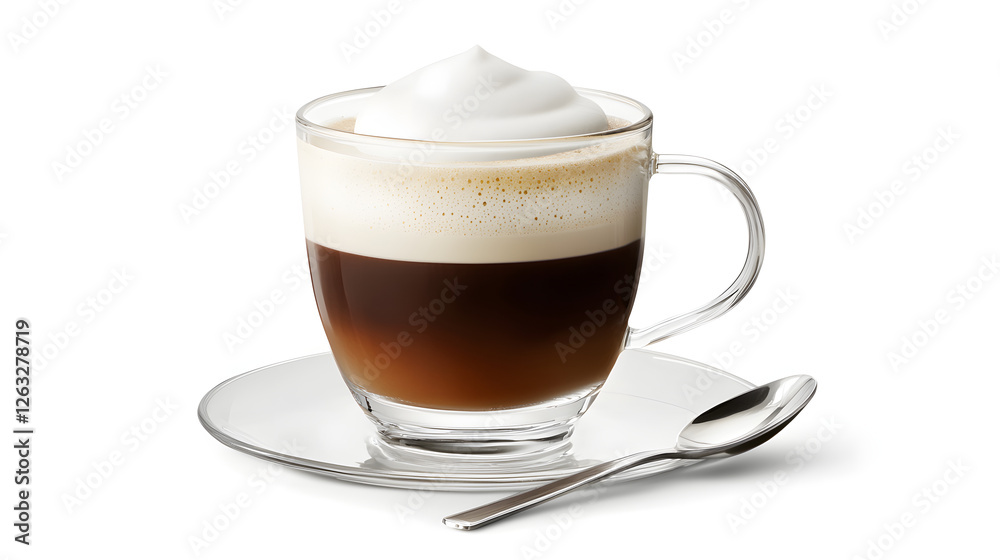Elegant Italian Espresso Macchiato with Smooth Creamy Topping in Glass Cup on Plate Elegant Italian Espresso Macchiato with Smooth Creamy Topping in Glass Cup on Plate