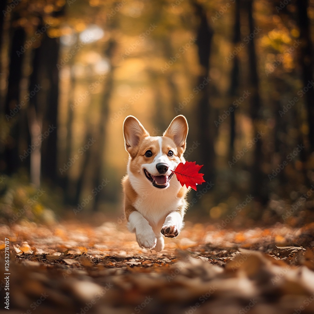 Happy corgi dog running in autumn forest with red leaf. Happy corgi dog running in autumn forest with red leaf.