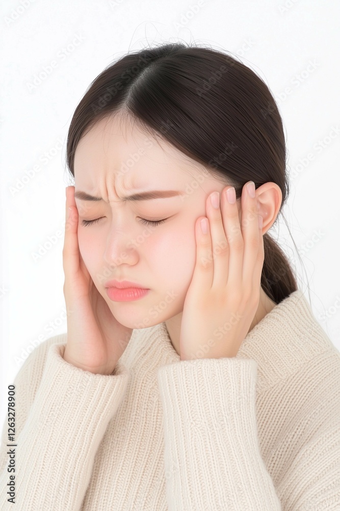 Young Woman Touching Her Temples with a Tense Expression Young Woman Touching Her Temples with a Tense Expression