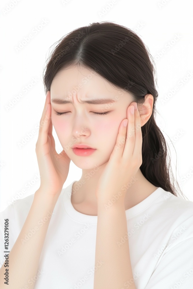 Young Woman Touching Her Temples with a Tense Expression Young Woman Touching Her Temples with a Tense Expression