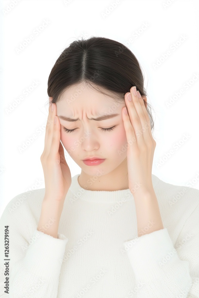 Young Woman Touching Her Temples with a Tense Expression Young Woman Touching Her Temples with a Tense Expression