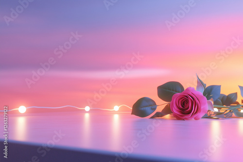 Pink sunset with roses and fairy lights – romantic and peaceful atmosphere for backgrounds and design