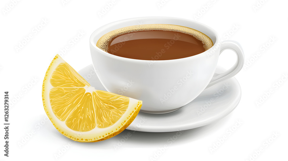 Refreshing Italian Espresso with Lemon Slice in White Cup on Saucer Refreshing Italian Espresso with Lemon Slice in White Cup on Saucer