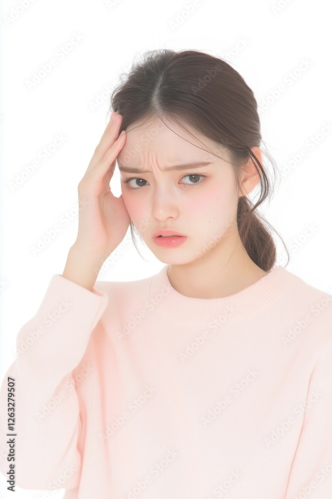 Young Woman Touching Her Temples with a Tense Expression Young Woman Touching Her Temples with a Tense Expression