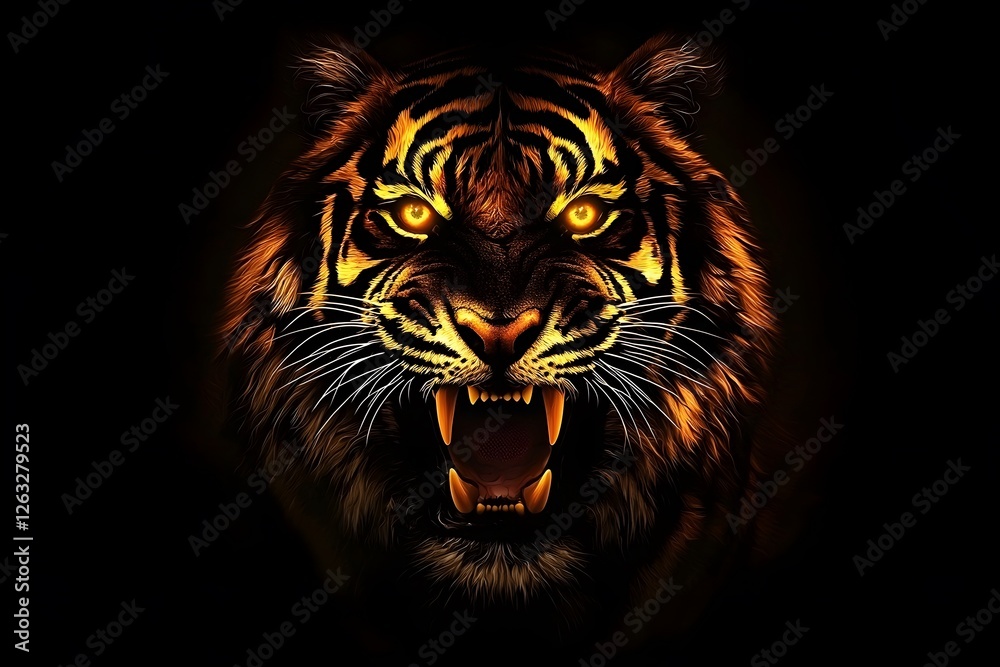 Fototapeta premium Tiger's Fury: A tiger's intense stare and open maw reveal a raw, untamed power, illuminated by an ethereal golden glow, the dark background enhancing the tiger's fierce presence.