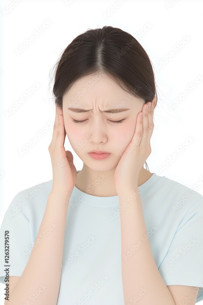 Young Woman Touching Her Temples with a Tense Expression Young Woman Touching Her Temples with a Tense Expression