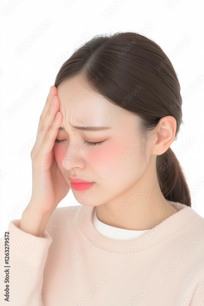 Young Woman Touching Her Temples with a Tense Expression Young Woman Touching Her Temples with a Tense Expression