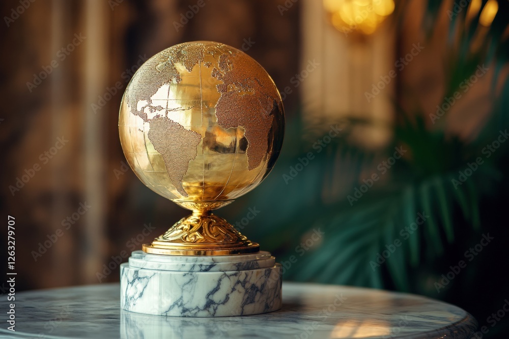 Golden globe trophy displayed elegantly on a marble surface in a luxurious setting. Generative AI Golden globe trophy displayed elegantly on a marble surface in a luxurious setting. Generative AI