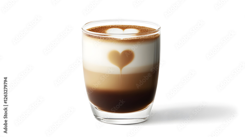 Exquisite Latte Art in Modern Glass Featuring Heart Design and Creamy Cappuccino Layers