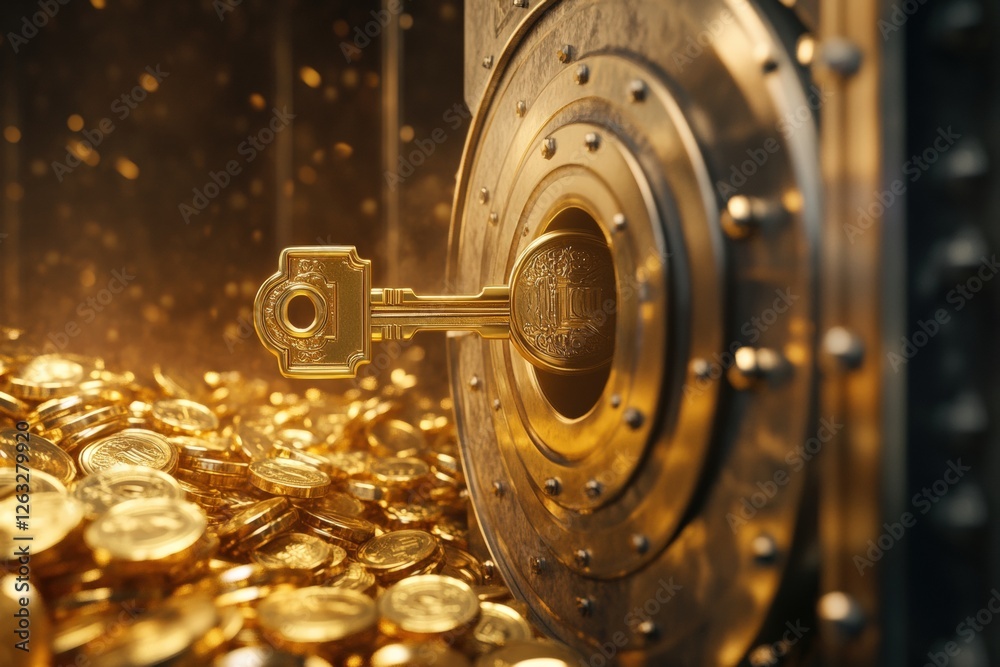 Unlocking secrets of the vault with a golden key and shining treasures. Generative AI Unlocking secrets of the vault with a golden key and shining treasures. Generative AI