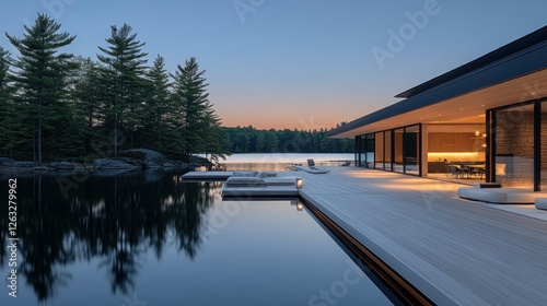 Lakeside modern home, tranquil evening, floating deck, interior view