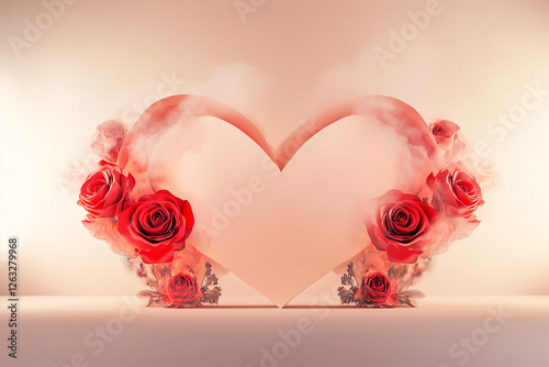Glowing heart made of soft light with roses – romantic and dreamy stock image for love and Valentine’s Day