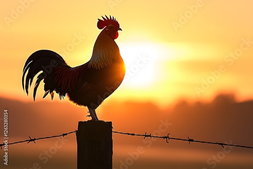 Wallpaper Mural Rooster at Dawn: A majestic rooster stands proudly atop a wooden post, silhouetted against a breathtaking sunrise. Torontodigital.ca