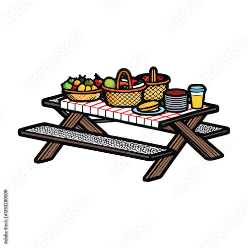Editable stroke vector illustration of a rustic wooden picnic table laden with delicious food; perfect for summer picnic designs.