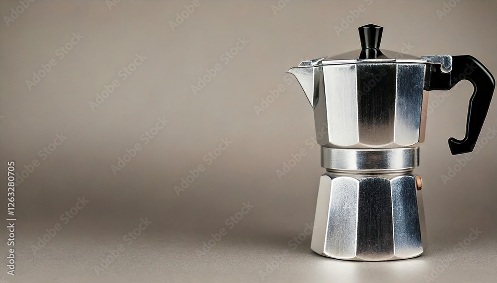 Classic stovetop espresso maker sits elegantly on a neutral background for perfect brewing Classic stovetop espresso maker sits elegantly on a neutral background for perfect brewing