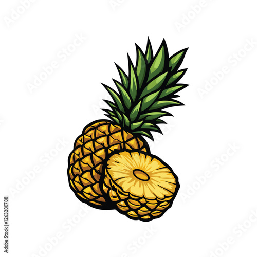 Create an editable stroke vector graphic of a detailed pineapple, showcasing its textured skin, leaves, and individual scales.  Include realistic shading and highlighting.