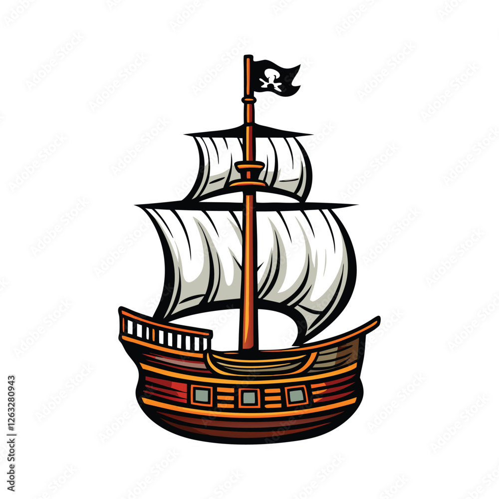 Create a scalable vector graphic of a pirate ship, fully editable strokes, including a clearly visible SKU label.