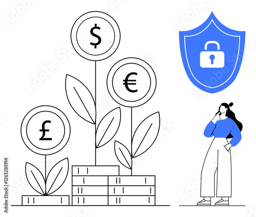 Currency plants growing from stacked coins, with symbols for dollar, euro, pound. Woman contemplating beside security shield icon. Ideal for financial growth, security, investment, protection