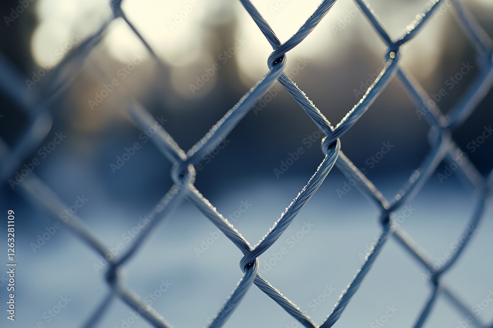 Frosty chain link fence close-up, winter scene. Frosty chain link fence close-up, winter scene.