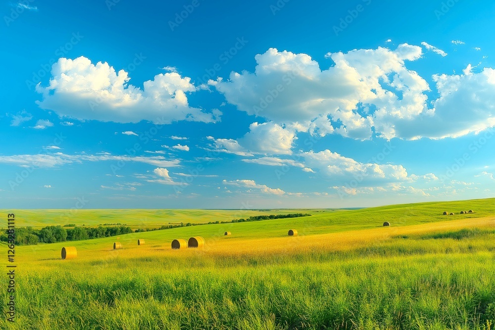 Fototapeta premium Panoramic natural landscape with green grass, golden field of harvested wheat with bales and blue sky with clouds. Colorful summer panorama of combination of yellow and green fields