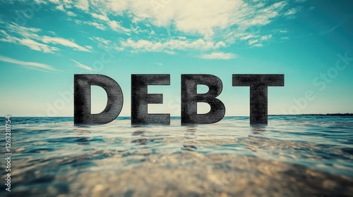 A Bold Representation of Debt Using Large Text in Shallow Water Underneath a Bright Sky with Wispy Clouds, Symbolizing Financial Challenges and Economic Issues