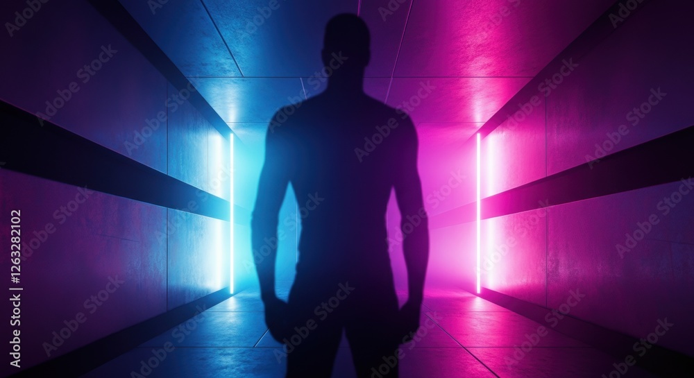 Silhouetted male in neon lit corridor with blue and pink lights Silhouetted male in neon lit corridor with blue and pink lights