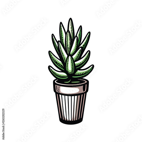 Create a detailed, editable stroke vector graphic of a potted succulent plant, showcasing various leaf textures and pot styles.  Include options for color variations.