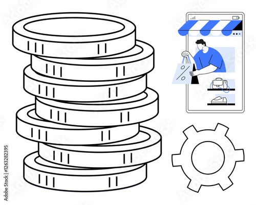 Stacked coins, online shopping window with a person and cart, and a gear. Ideal for business, e-commerce, online shopping, financial management, digital transactions, mobile applications