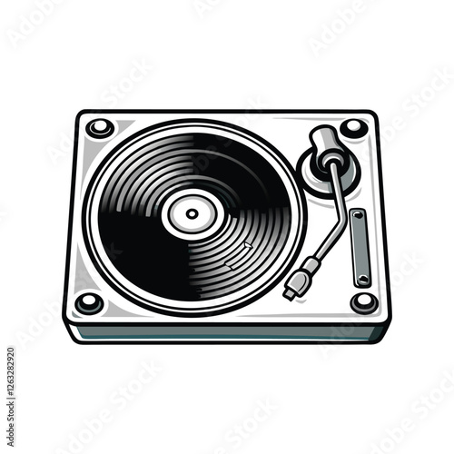 Create a clean, editable vector illustration of a vintage record player with a stylus, suitable for various design projects.  Focus on precise lines and easily adjustable strokes.