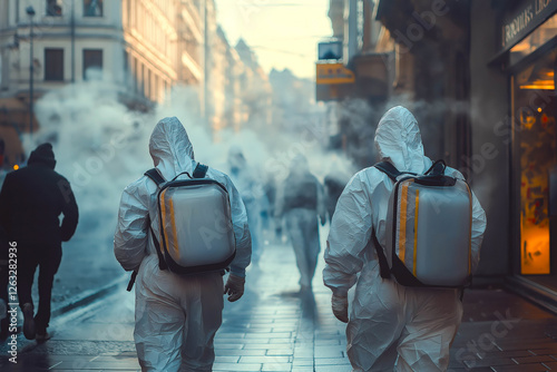 People using bio hazard suits on city streets due to pollution and bad air quality photo