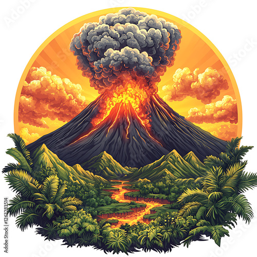 Volcano Eruption with Lava Flowing through Tropical Landscape Illustration