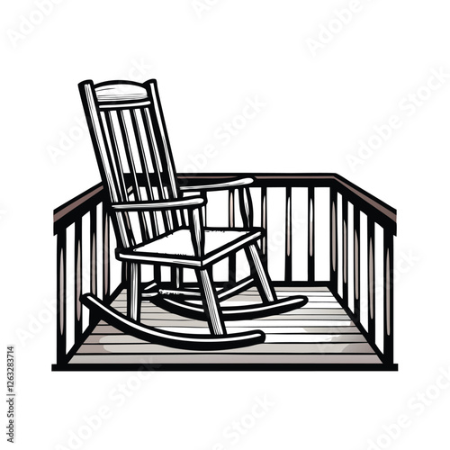 Create a clean, editable stroke vector graphic of a rocking chair situated on a porch, emphasizing detailed lines and realistic proportions.