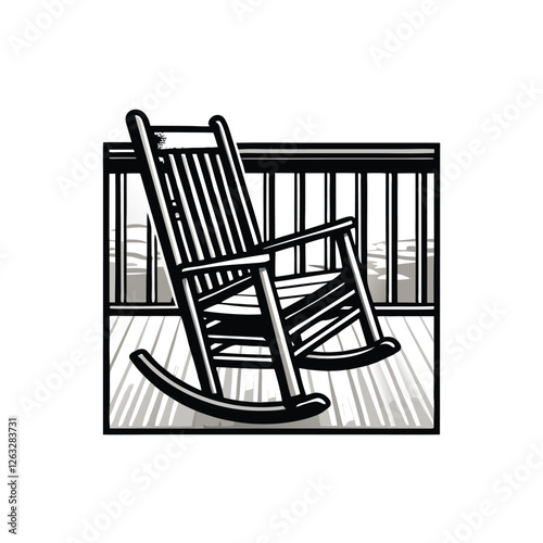 Create a clean, editable stroke vector illustration of a rocking chair situated on a porch, suitable for various design projects.