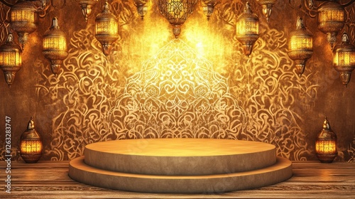 Elegant Golden Lanterns and Ornate Wooden Stage Background for Festive Events