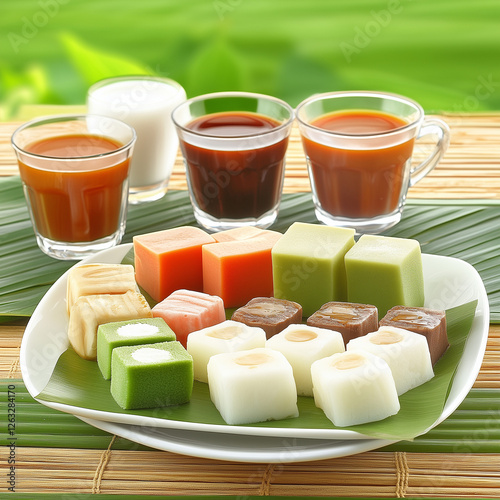 Thai dessert served with milk tea, decorated with banana leaves
